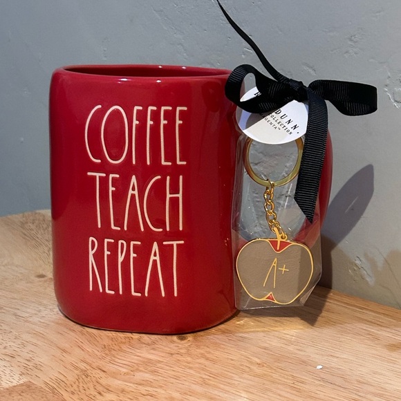 NWTS Rae Dunn Red “COFFEE TEACH REPEAT” Ceramic Mug. Includes Teacher Keychain. - Picture 2 of 7